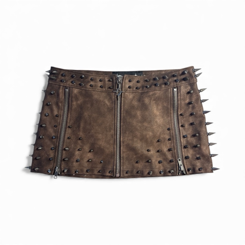 Dolls Kill Skirt Darker Waves Warp Spiked Mini Skirt Brown Zip Detail | Sold Out